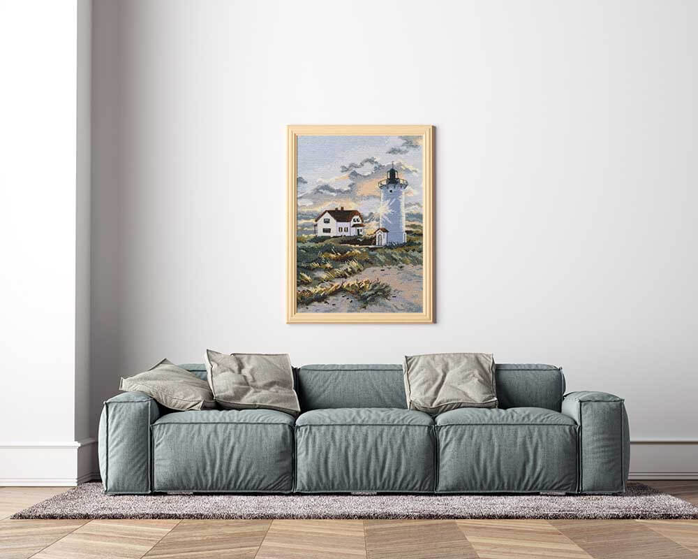 Kreuzstich - Leuchtturm mit Haus | 20x26 cm - Diy - Fadenkunst
