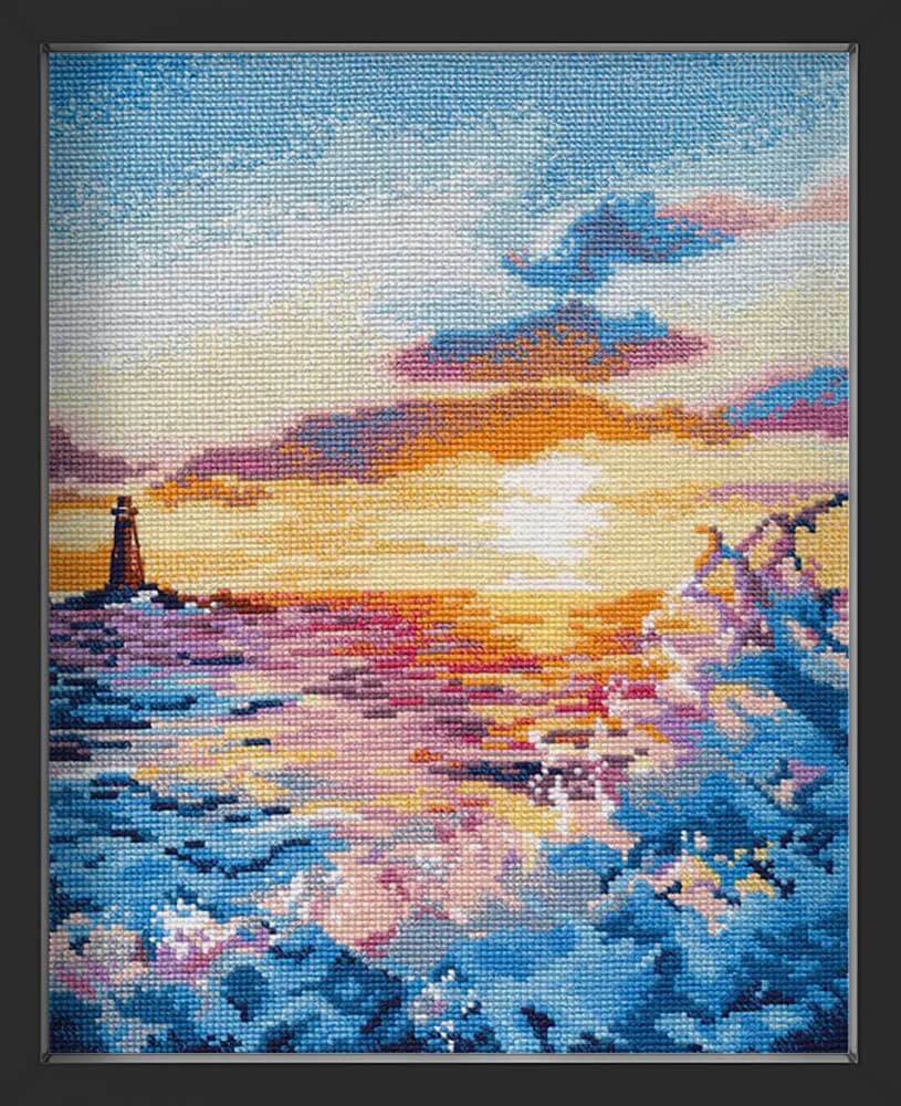 Kreuzstich - Sonnenuntergang am See | 25x20 cm - Diy - Fadenkunst