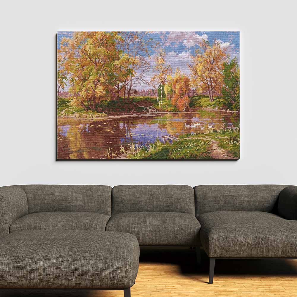 Kreuzstich - Herbstlicher Teich | 40x30 cm - Diy - Fadenkunst