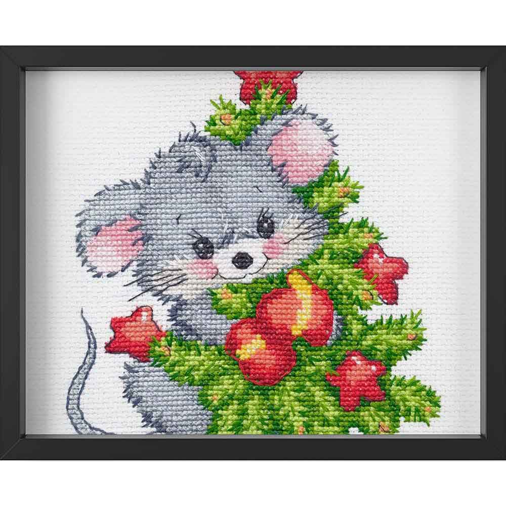 Kreuzstich - Maus mit Weihnachtsbaum | 15x20 cm - Diy - Fadenkunst
