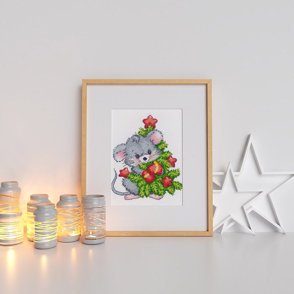 Kreuzstich - Maus mit Weihnachtsbaum | 15x20 cm - Diy - Fadenkunst