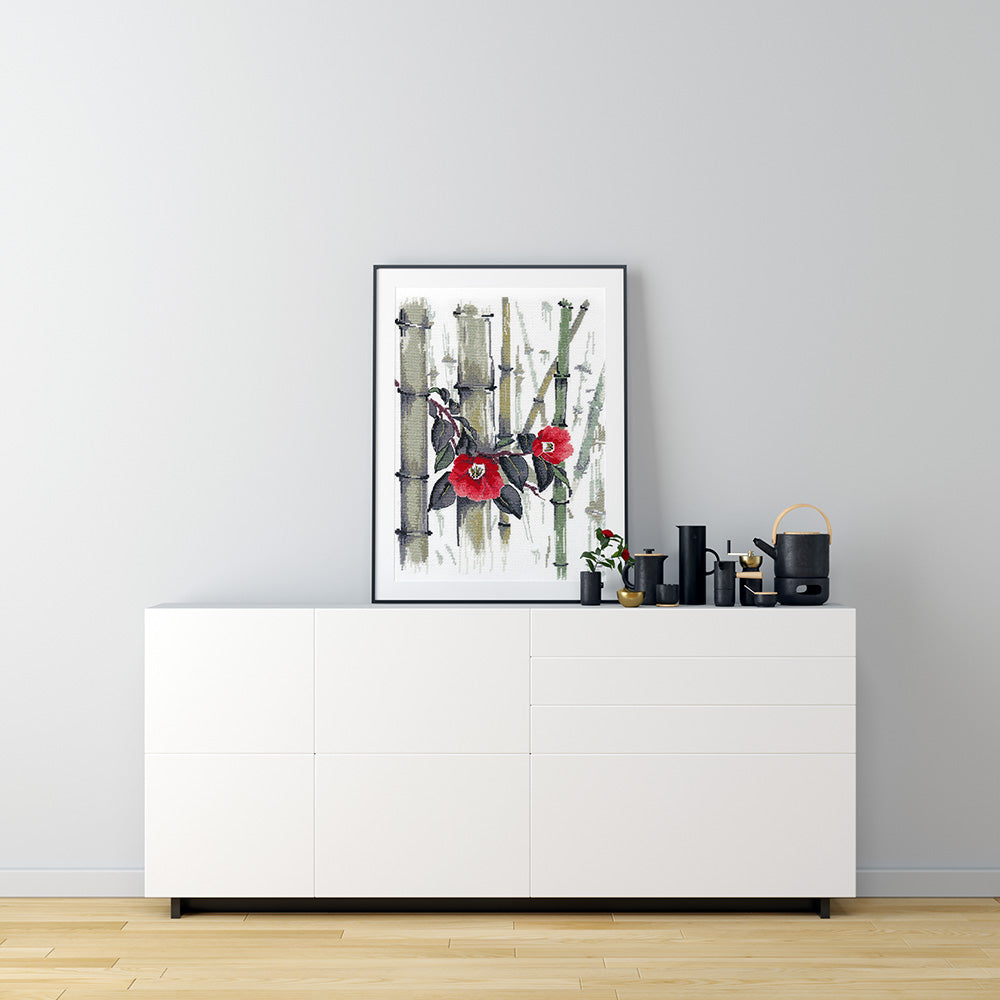 Kreuzstich - Kamelien im Bambushain | 30x30 cm - Diy - Fadenkunst