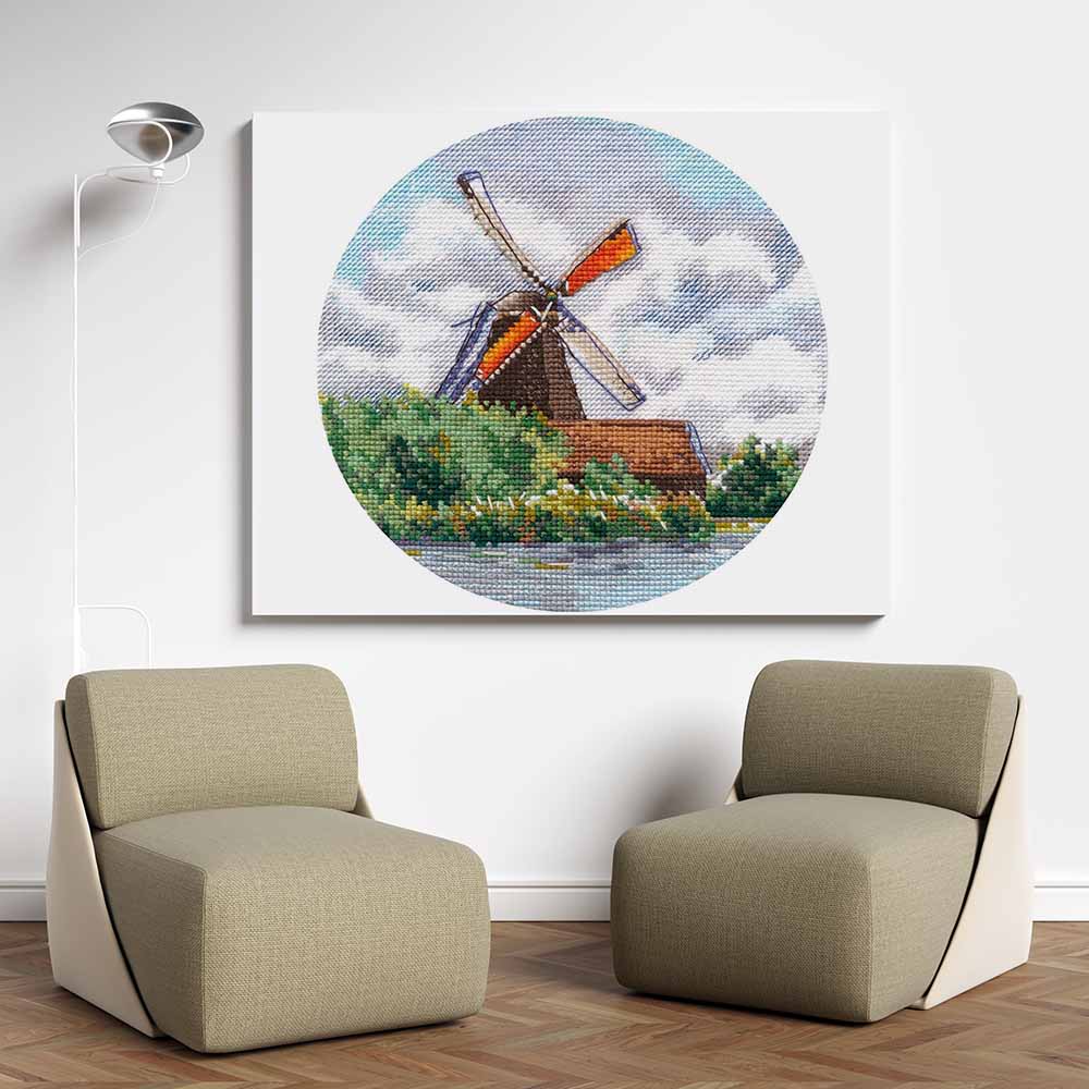 Kreuzstich - Miniatur - Windmühle  | 15x15 cm - Diy - Fadenkunst