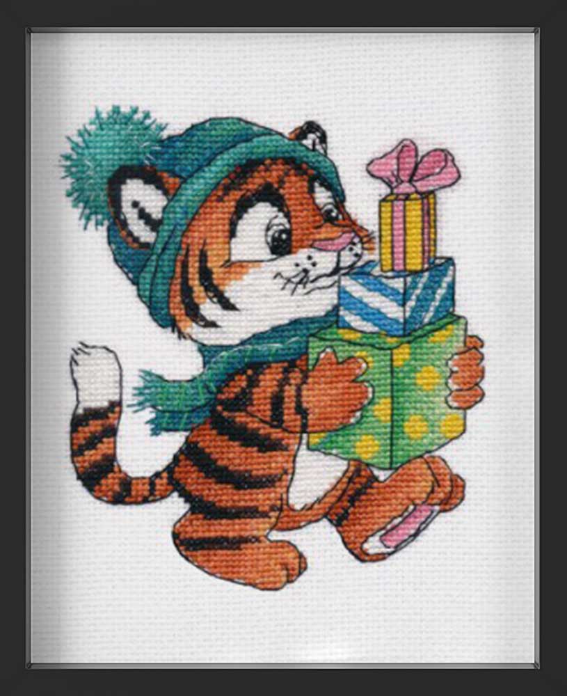Kreuzstich - Tiger mit Geschenken | 13x15 cm
