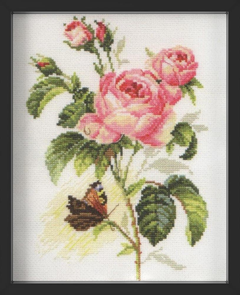 Kreuzstich - Rose und Schmetterling | 20x25 cm - Diy - Fadenkunst