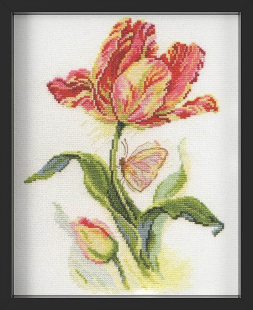 Kreuzstich - Tulpe und Schmetterling | 20x25 cm - Diy - Fadenkunst