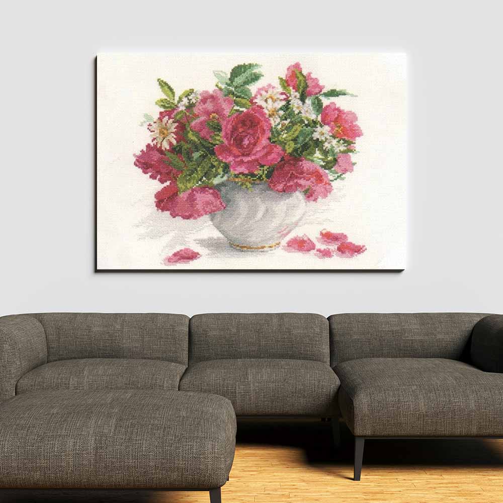 Kreuzstich - Blühender Garten - Rosen und Gänseblümchen | 30x30 cm - Diy - Fadenkunst
