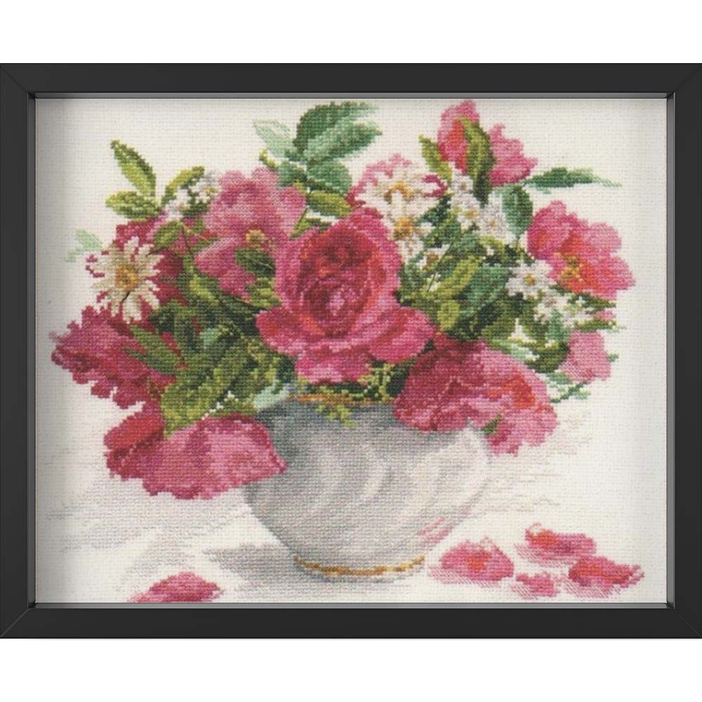 Kreuzstich - Blühender Garten - Rosen und Gänseblümchen | 30x30 cm - Diy - Fadenkunst