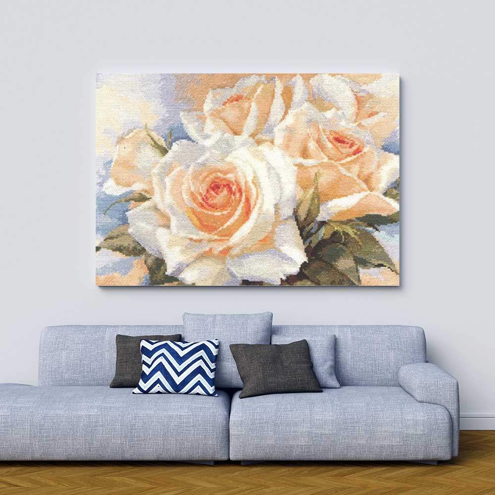Kreuzstich - Weiße Rosen | 40x30 cm - Diy - Fadenkunst
