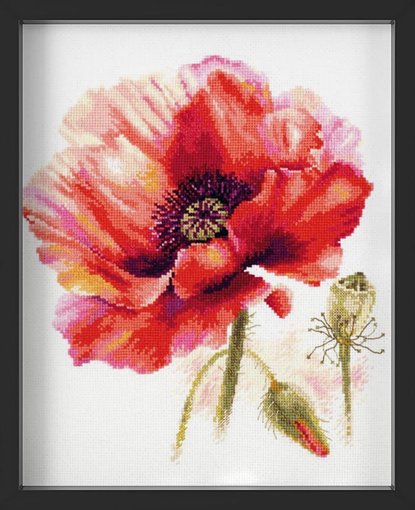 Kreuzstich - Leuchtend Roter Mohn | 25x25 cm - Diy - Fadenkunst