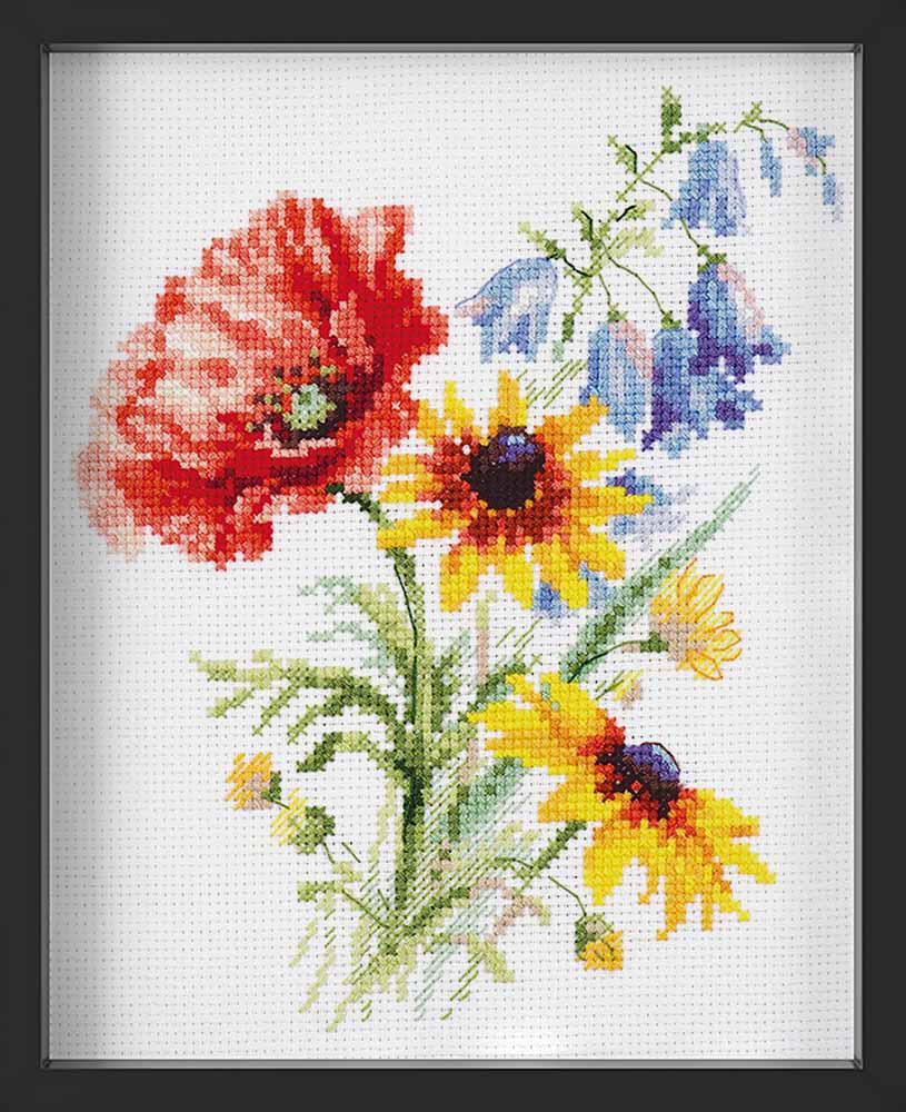 Kreuzstich - Blumenstrauß mit Mohn | 15x20 cm - Diy - Fadenkunst