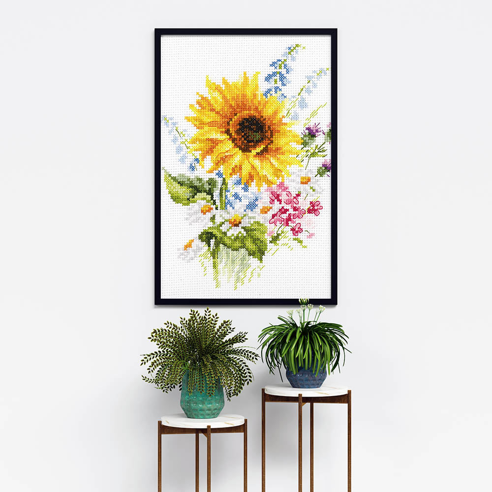 Kreuzstich - Blumenstrauss mit Sonnenblume | 15x20 cm - Diy - Fadenkunst