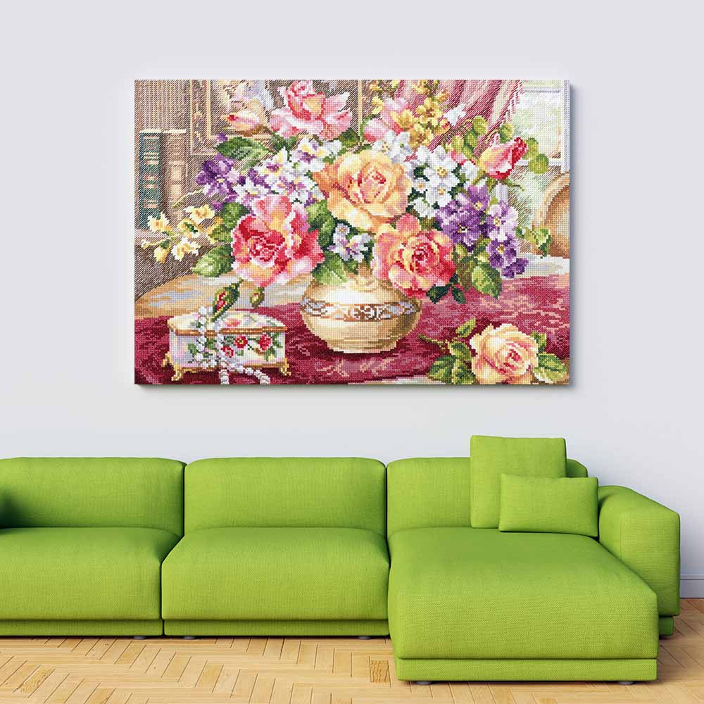 Kreuzstich - Rosen im Wohnzimmer | 40x35 cm - Diy - Fadenkunst