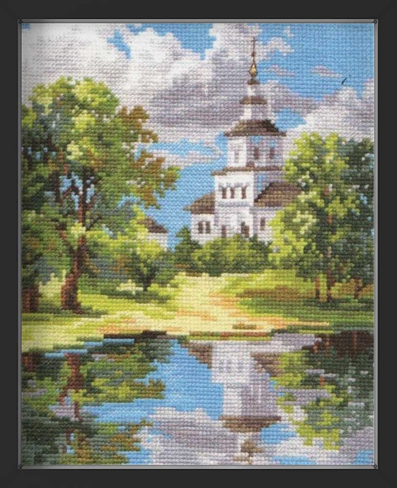 Kreuzstich - Die Kirche am Teich | 20x25 cm - Diy - Fadenkunst