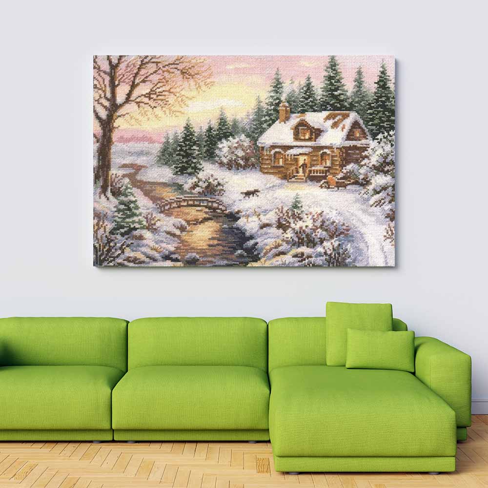 Kreuzstich - Winter - Gegen Abend | 40x30 cm - Diy - Fadenkunst