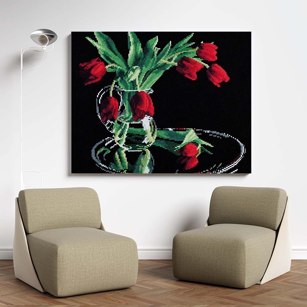Kreuzstich - Tulpen auf dem Schwarz | 35x35 cm - Diy - Fadenkunst