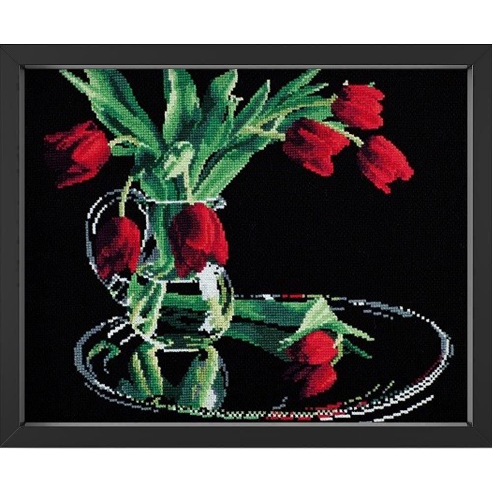 Kreuzstich - Tulpen auf dem Schwarz | 35x35 cm - Diy - Fadenkunst