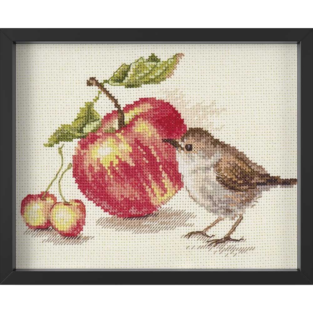 Kreuzstich - Vogel und ein Apfel | 20x15 cm - Diy - Fadenkunst