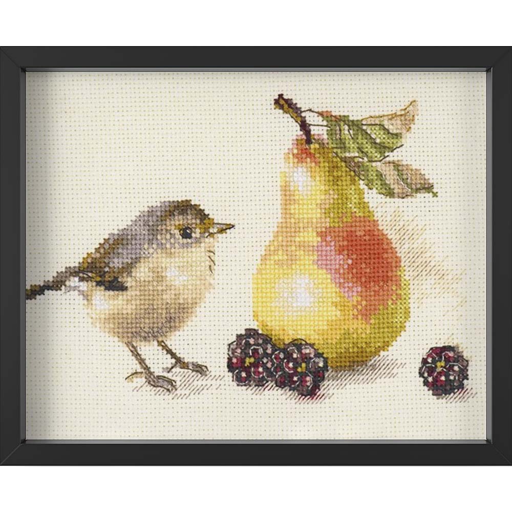 Kreuzstich -Vogel und eine Birne  | 20x15 cm - Diy - Fadenkunst