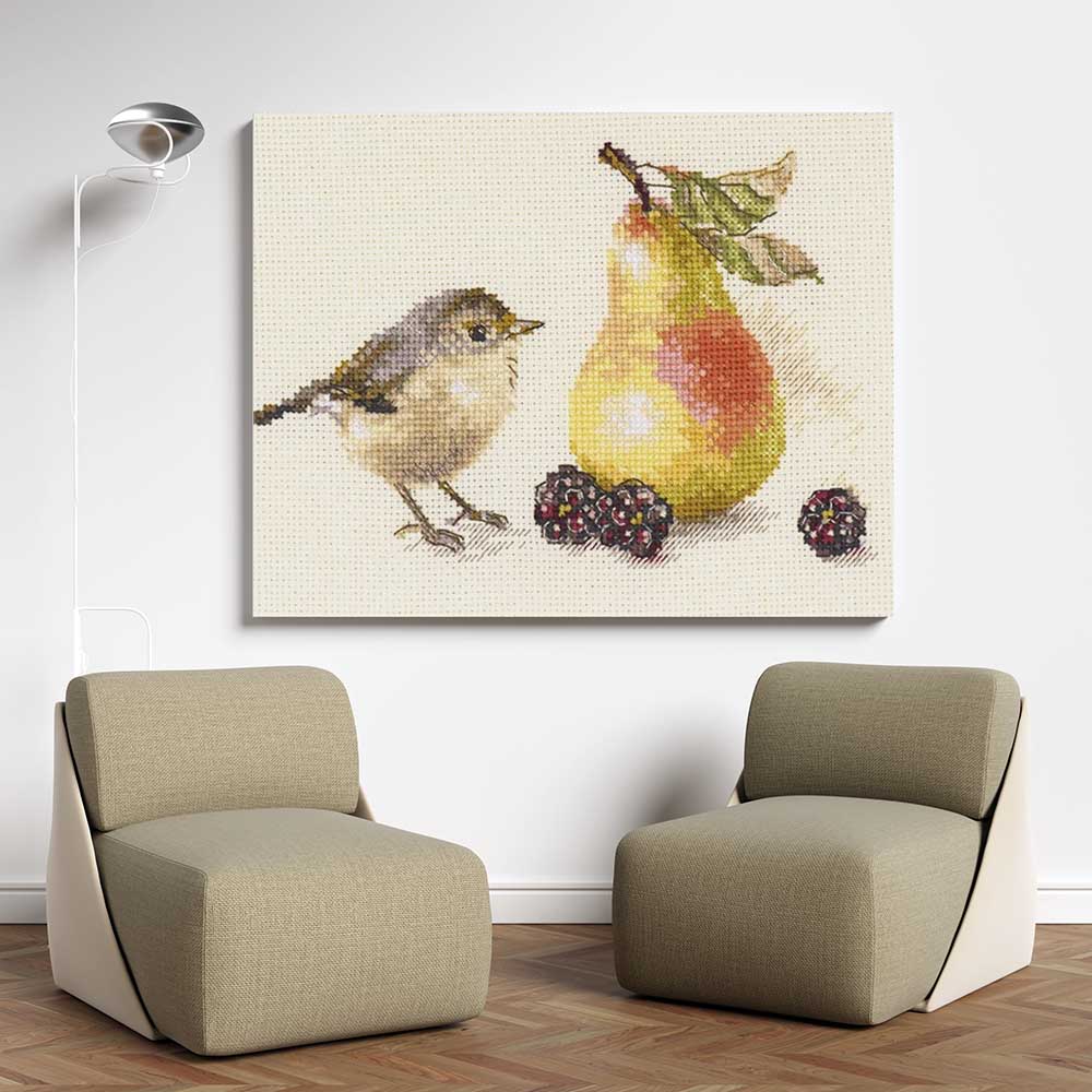 Kreuzstich -Vogel und eine Birne  | 20x15 cm - Diy - Fadenkunst