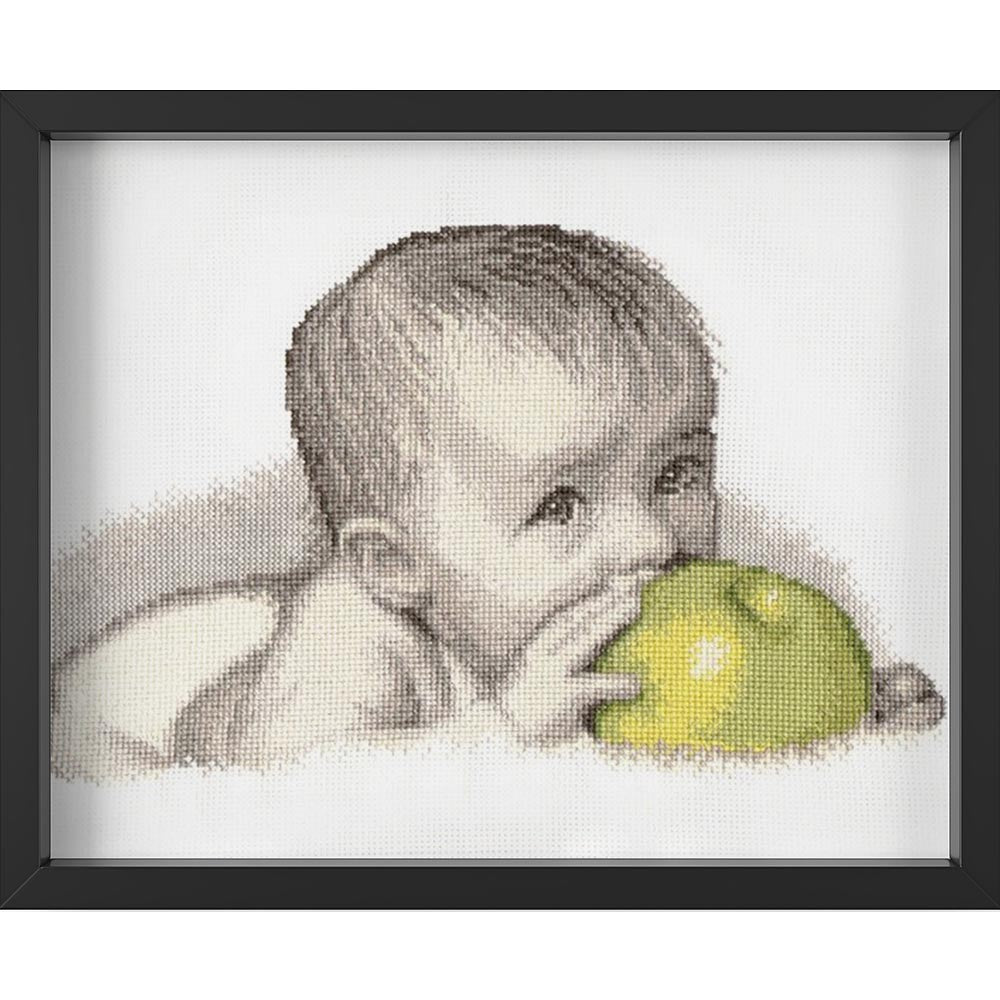 Kreuzstich - Baby mit einem Apfel | 30x20 cm - Diy - Fadenkunst