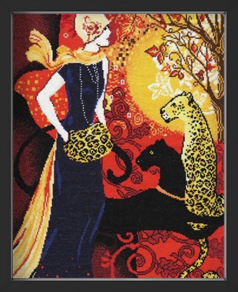 Kreuzstich - Frauen mit Leopard | 30x40 cm - Diy - Fadenkunst