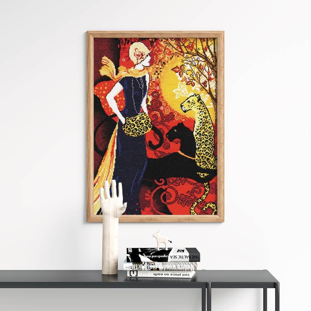 Kreuzstich - Frauen mit Leopard | 30x40 cm - Diy - Fadenkunst