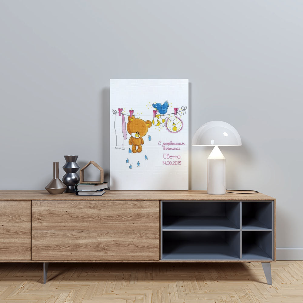 Kreuzstich - Mustertuch mit Bär (Mädchen) | 25x20 cm - Diy - Fadenkunst