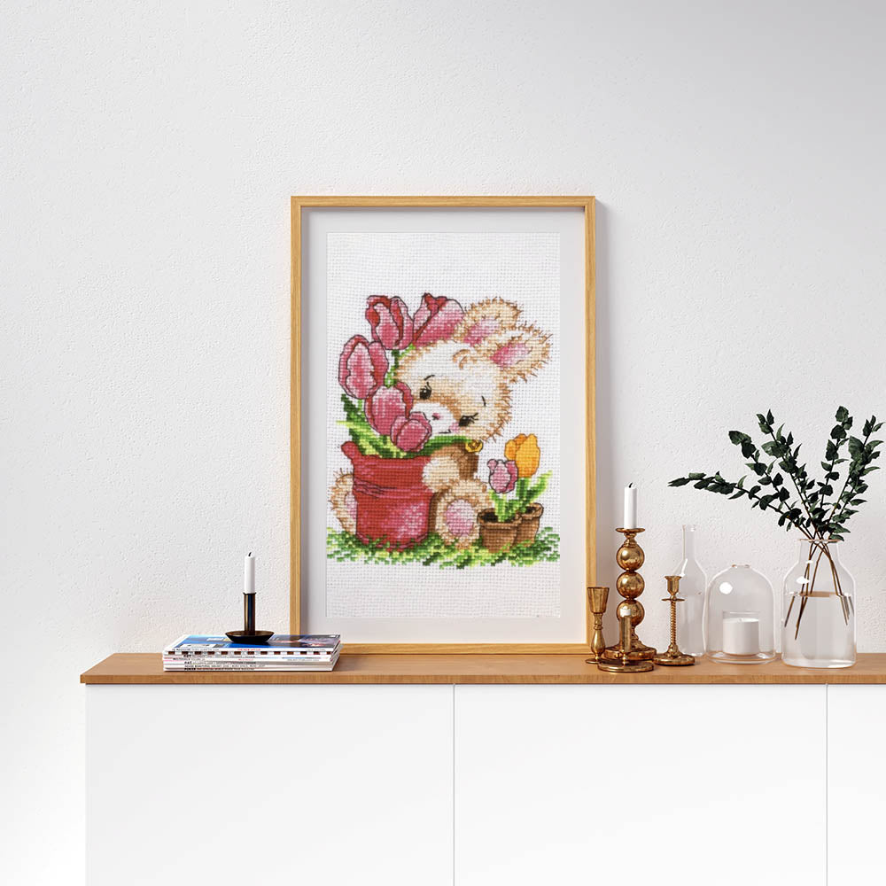 Kreuzstich - Kaninchen mit Tulpen | 15x20 cm - Diy - Fadenkunst