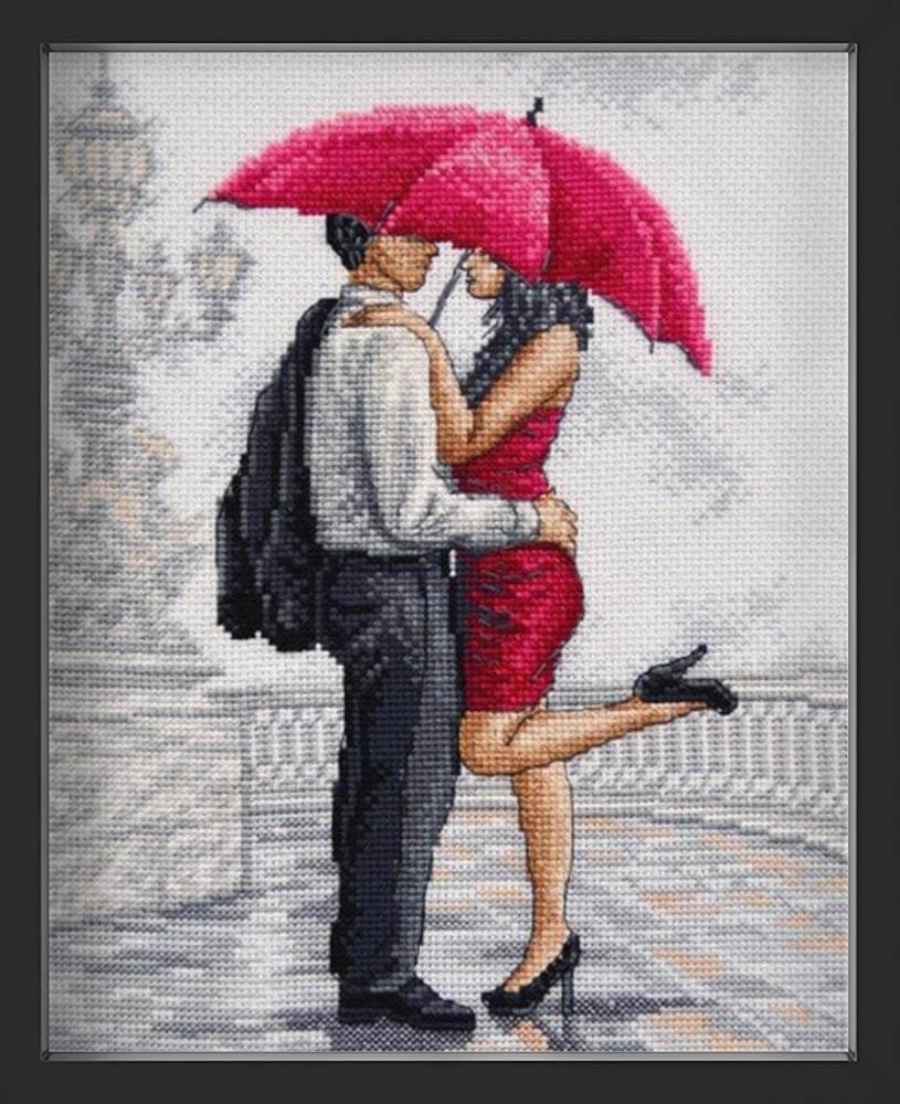 Kreuzstich - Paar umarmt sich im Regen | 20x30 cm - Diy - Fadenkunst