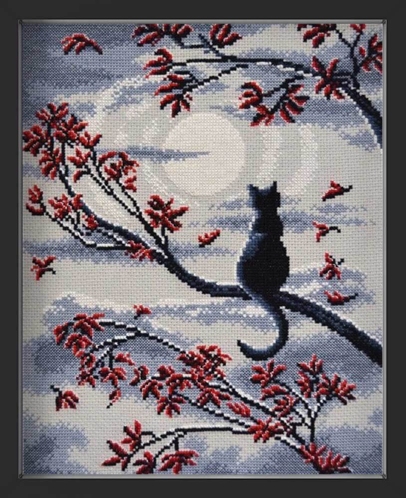 Kreuzstich - Die Mondkatze | 25x30 cm - Diy - Fadenkunst
