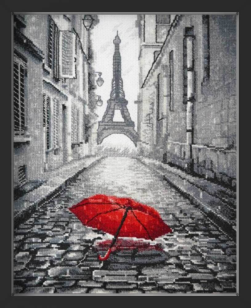 Kreuzstich - Roter Regenschirm in Paris | 20x30 cm - Diy - Fadenkunst