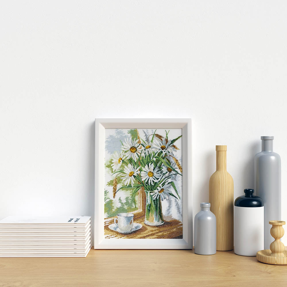 Kreuzstich - Kamillen auf dem Fenster | 30x35 cm - Diy - Fadenkunst
