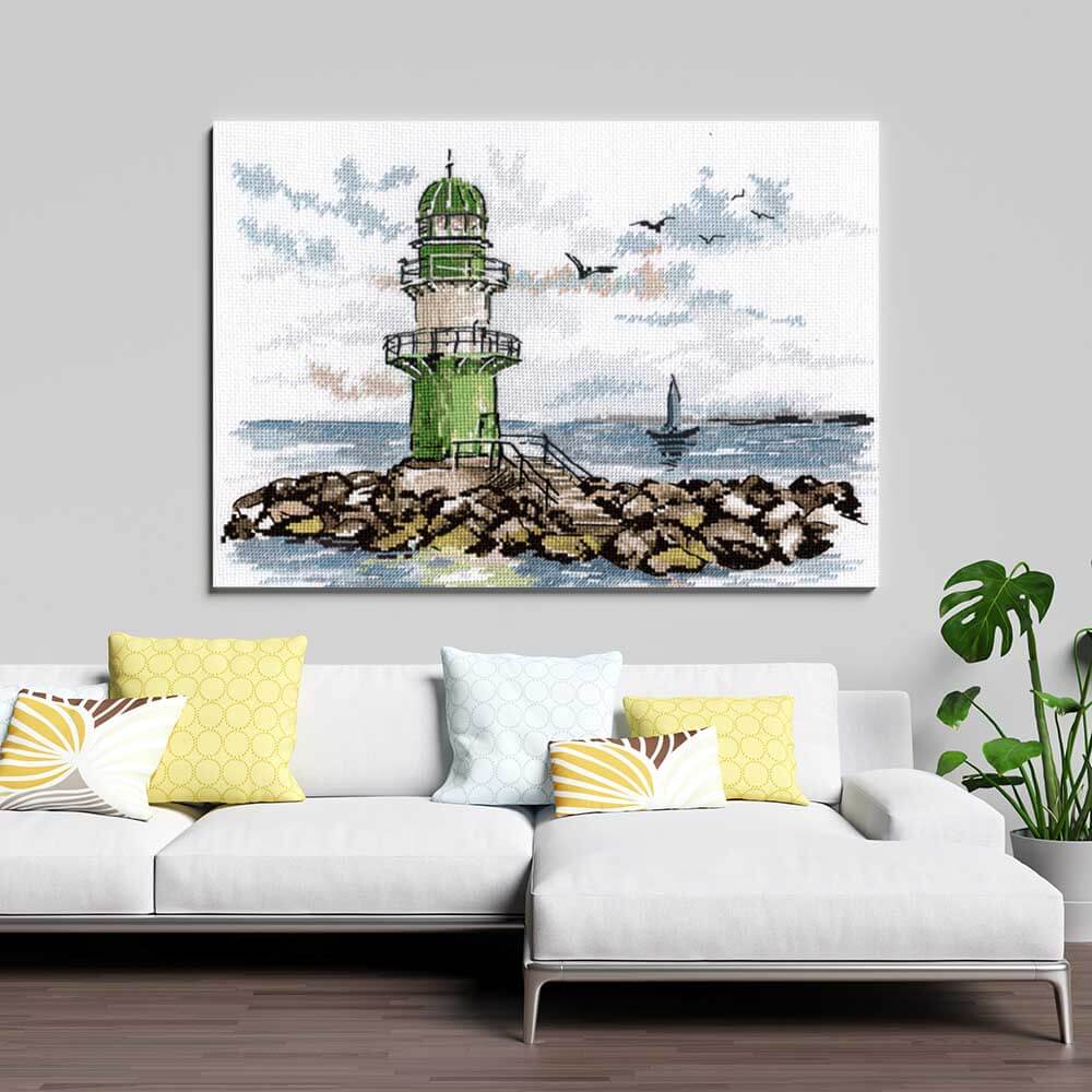 Kreuzstich - Leuchtturm im Wasser | 30x20 cm - Diy - Fadenkunst