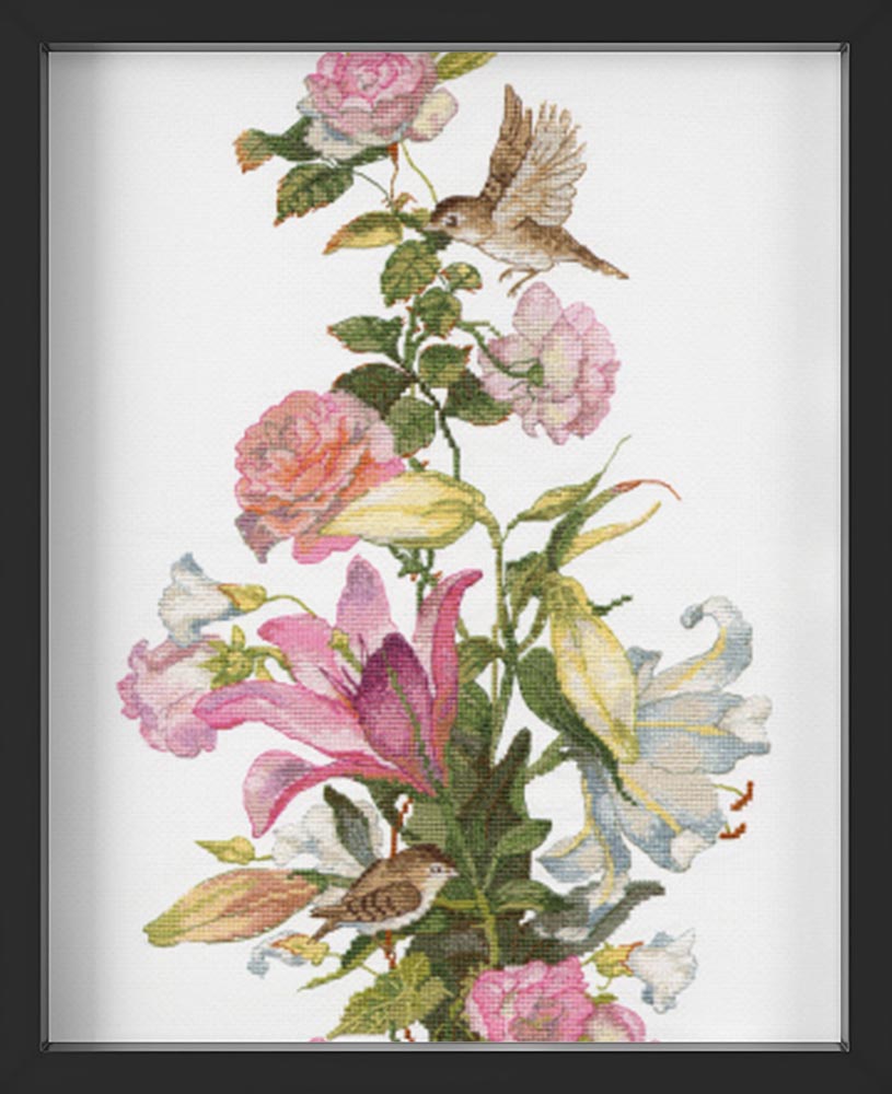 Kreuzstich - Blütenkomposition - Lilien | 20x45 cm - Diy - Fadenkunst
