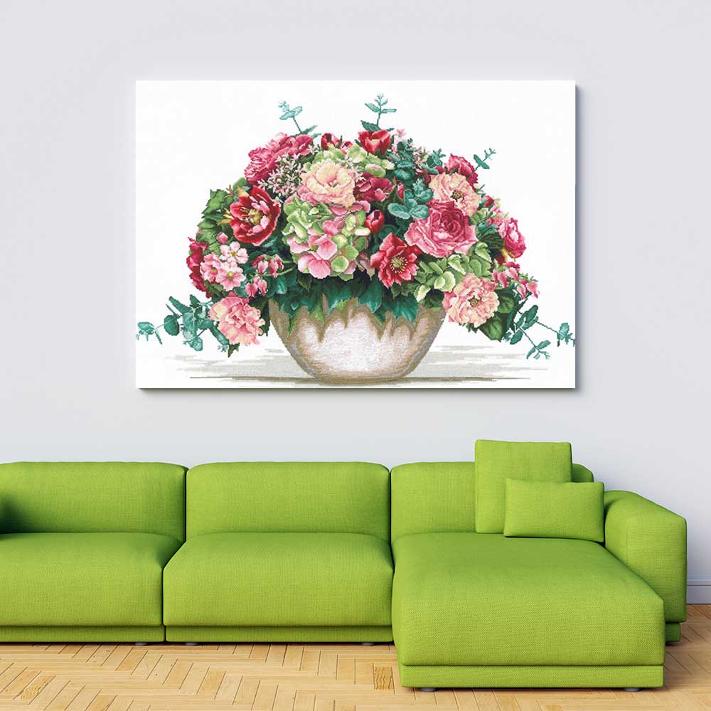 Kreuzstich - Strauß mit Hortensien | 65x45 cm - Diy - Fadenkunst