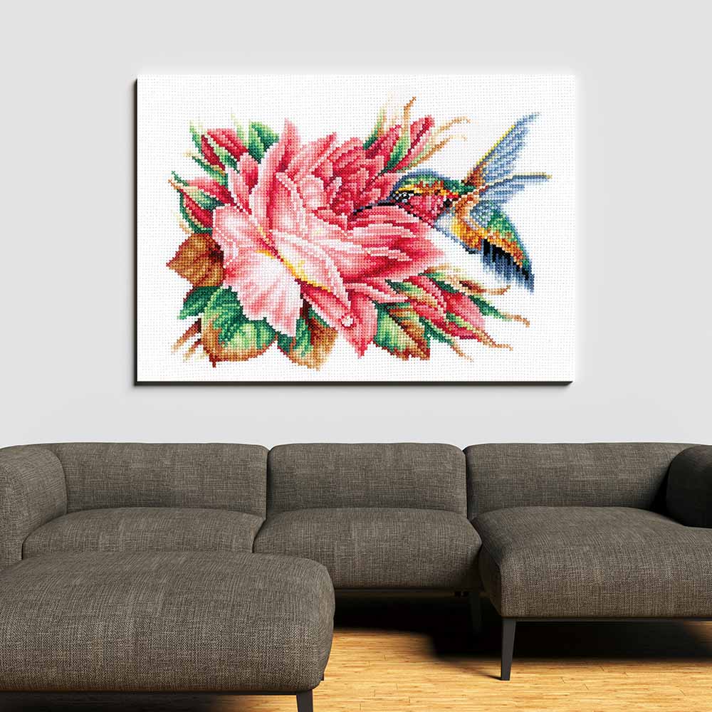 Kreuzstich - Kolibri und Rose | 25x15 cm - Diy - Fadenkunst
