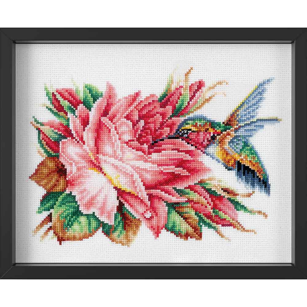 Kreuzstich - Kolibri und Rose | 25x15 cm - Diy - Fadenkunst