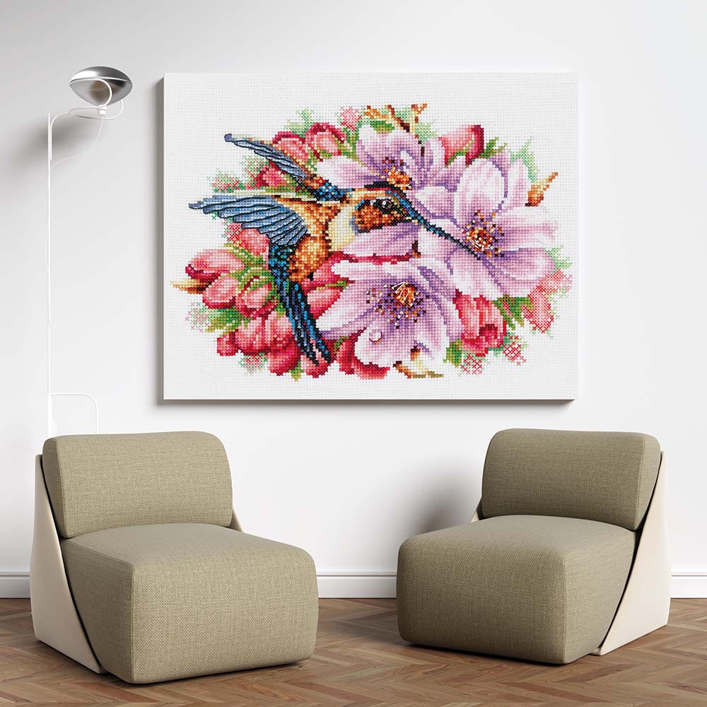 Kreuzstich - Kolibri und Blumen | 25x15 cm - Diy - Fadenkunst
