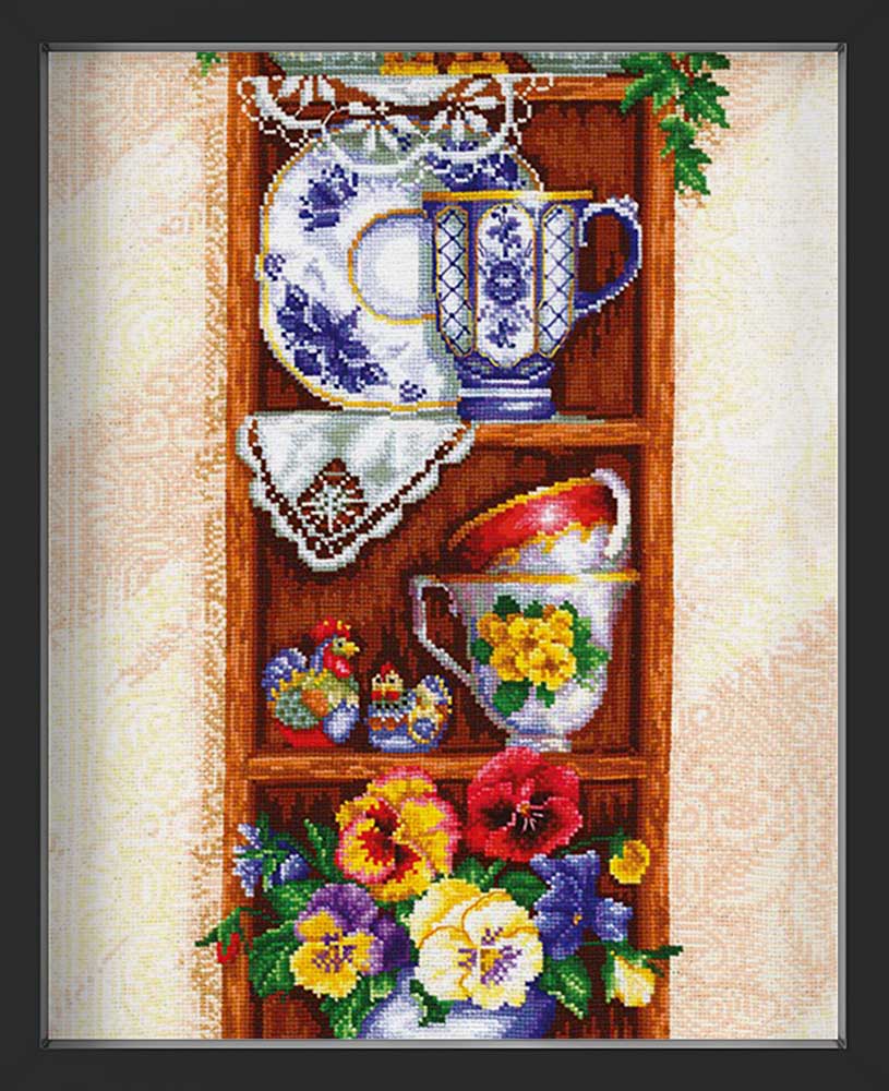 Kreuzstich - Regal Mit Tassen | 35x75 cm - Diy - Fadenkunst