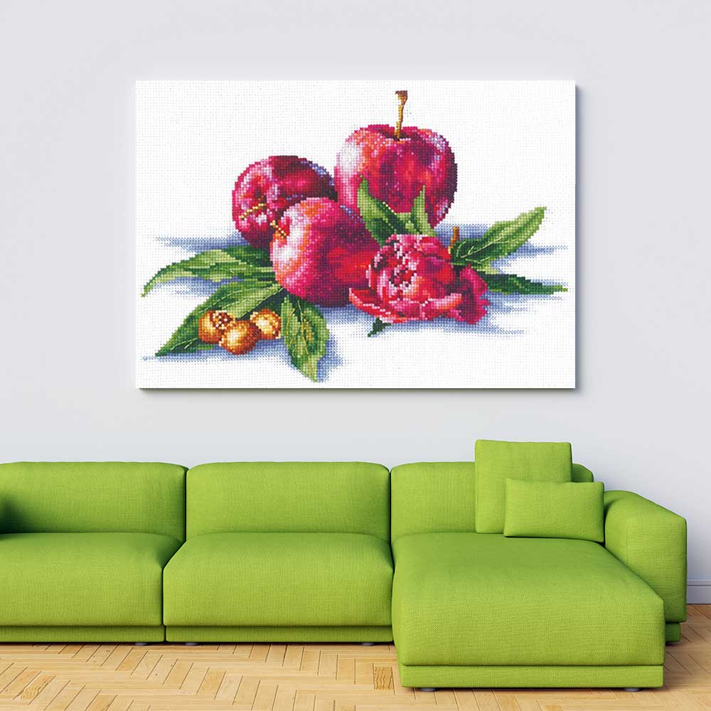 Kreuzstich - Äpfel und Haselnuss | 30x20 cm - Diy - Fadenkunst