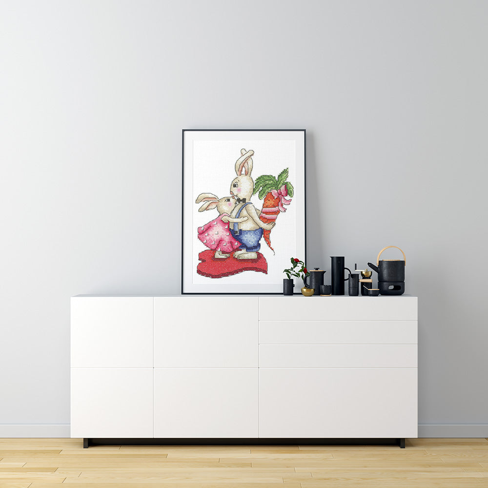 Kreuzstich - Häschen Lieben und Karotten | 15x20 cm - Diy - Fadenkunst