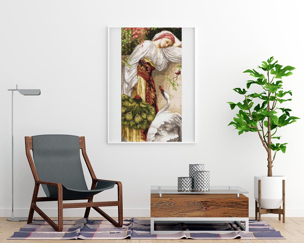 Kreuzstich - Mädchen mit einem Schwan | 55x30 cm - Diy - Fadenkunst