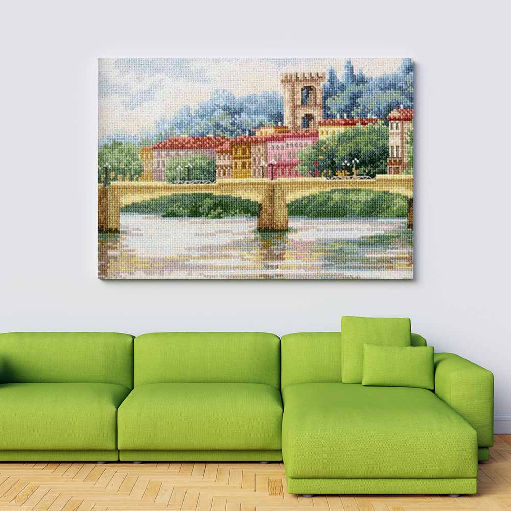 Kreuzstich - Brücke Ponte alle Grazie, Florenz | 20x45 cm - Diy - Fadenkunst