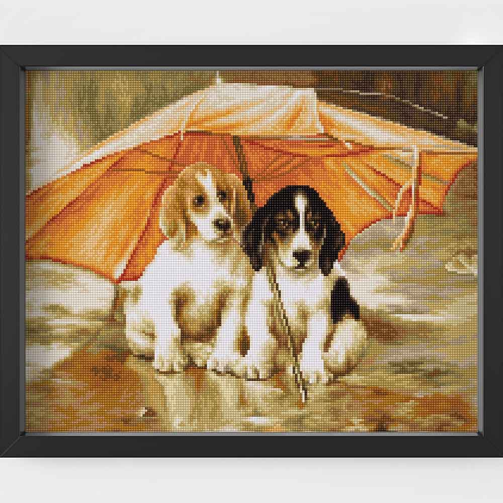 Kreuzstich - Hundepaar unter dem Regenschirm | 21x15 cm