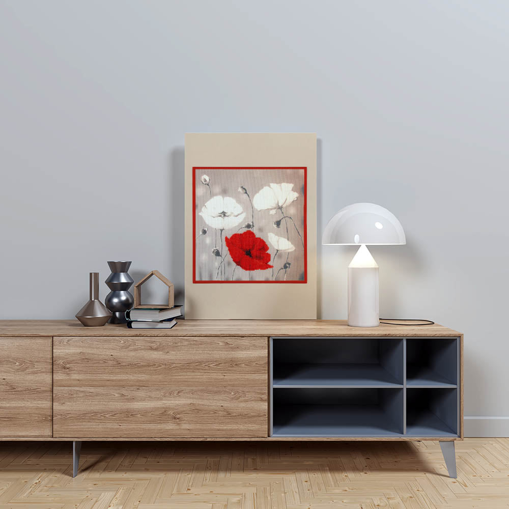 Kreuzstich - Rote Mohnblumen | 45x35 cm - Diy - Fadenkunst