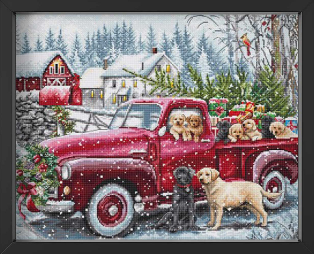 Kreuzstich - Weihnachtsauto mit Hundefamilie | 27x22 cm