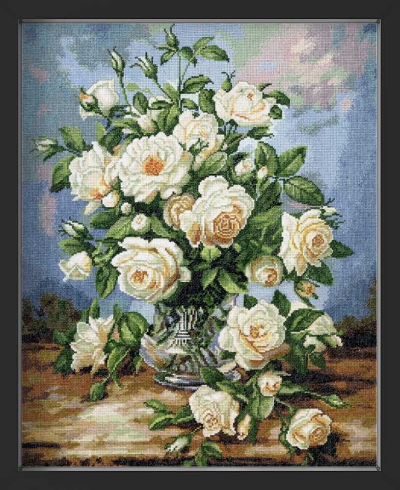 Kreuzstich - Weißer Rosenstrauß | 45x35 cm - Diy - Fadenkunst