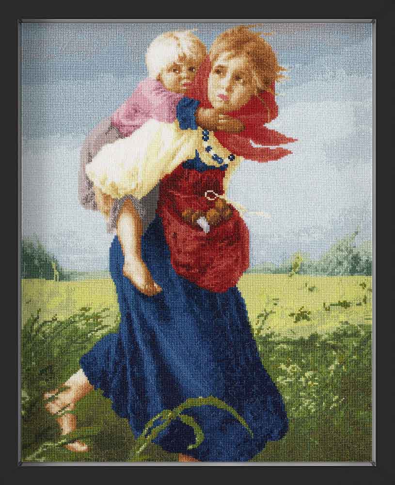 Kreuzstich - Kinder auf der Flucht vor dem Sturm | 65x35 cm - Diy - Fadenkunst