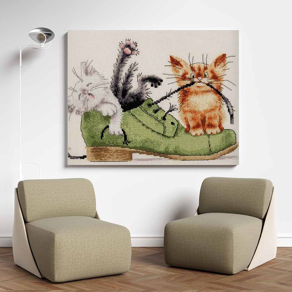 Kreuzstich - Kätzchen im Schuh | 25x20 cm - Diy - Fadenkunst